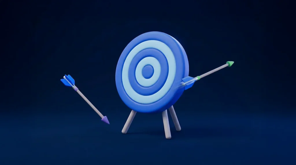 Ilustración 3D de una diana azul con una flecha dando en el centro y otra fallando el objetivo, representando campañas de Google Ads y Meta que no están bien optimizadas o segmentadas.