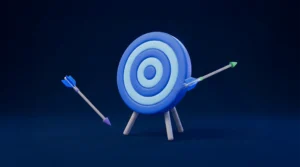 Ilustración 3D de una diana azul con una flecha dando en el centro y otra fallando el objetivo, representando campañas de Google Ads y Meta que no están bien optimizadas o segmentadas.