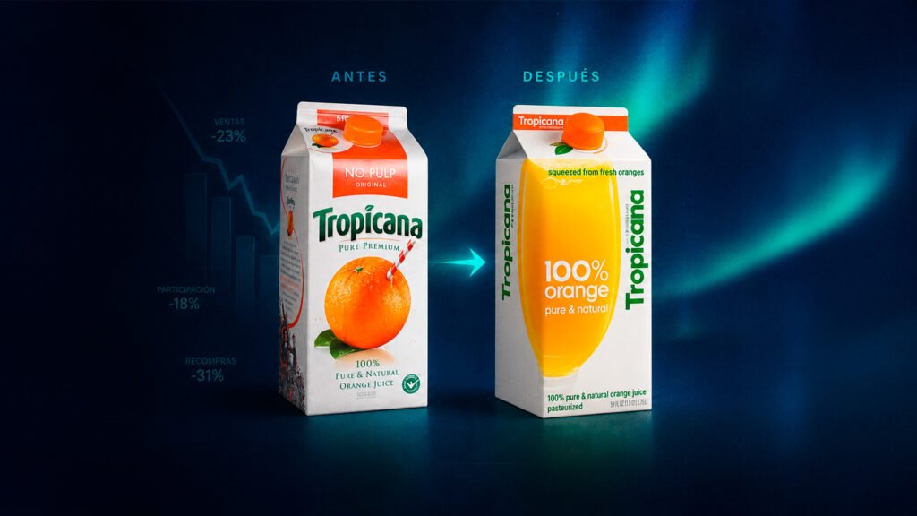 Comparación visual de dos envases de jugo de naranja Tropicana antes y después de un rediseño, sobre un fondo oscuro con gráficos descendentes que sugieren el impacto de una decisión de marketing no testeada.