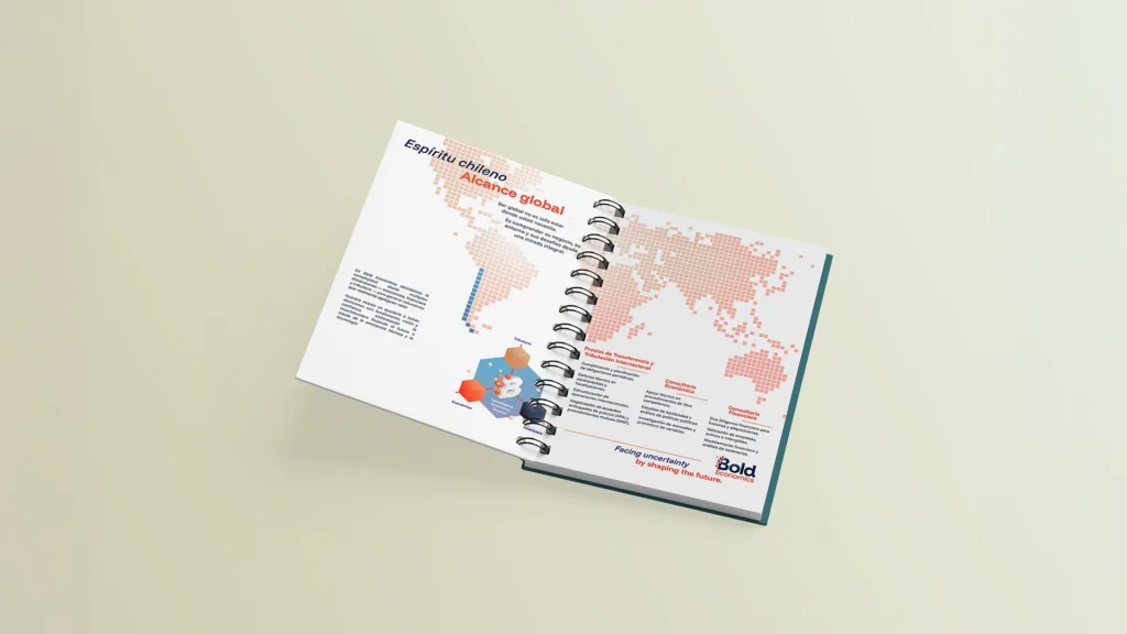 Mockup de cuadernos corporativos con la identidad visual de Bold Economics, desarrollados para fortalecer la imagen de marca.