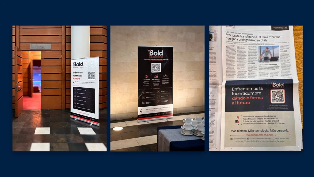 Fotografía de Bold Economics durante un evento corporativo, mostrando la aplicación de su identidad visual en distintos soportes.