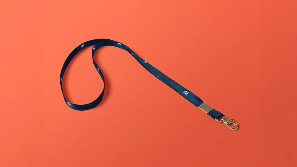 Mockup de lanyard corporativos con la identidad visual de Bold Economics, desarrollados para fortalecer la imagen de marca.
