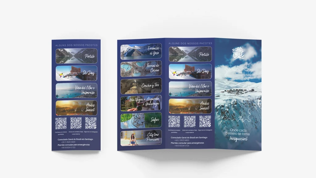 Mockup de tríptico informativo diseñado para Bora Pro Chile, con aplicaciones de la identidad visual y comunicación de servicios.