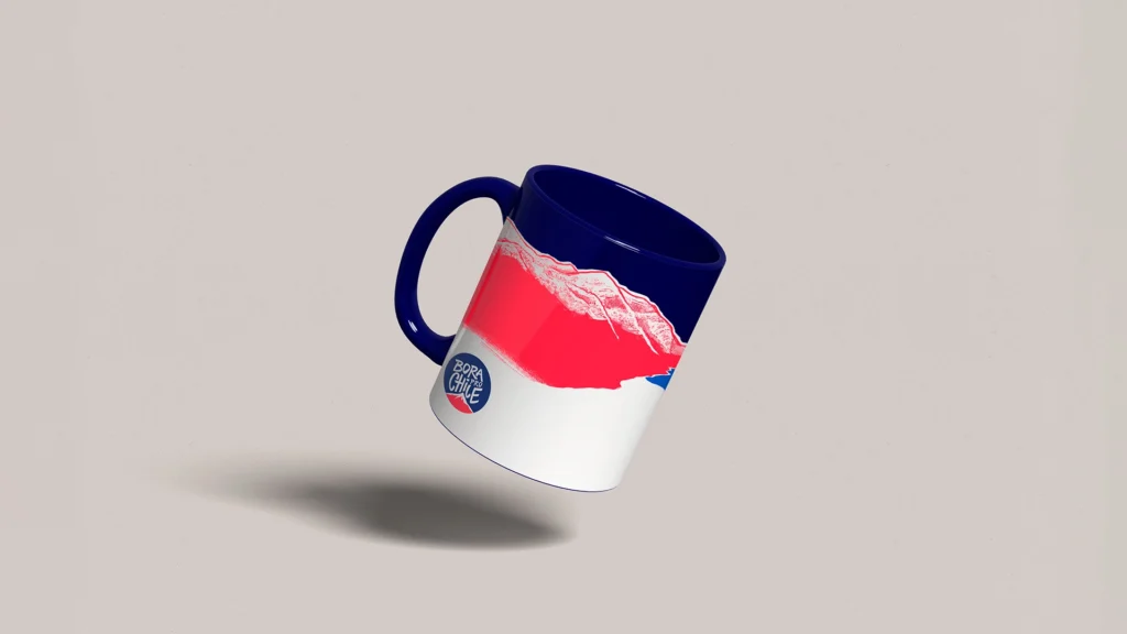 Mockup de taza corporativa con la identidad visual de Bora Pro Chile, desarrollada como aplicación de branding y merchandising.
