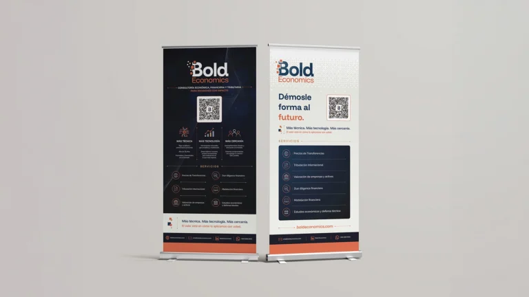 Mockup de pendones corporativos para Bold Economics, diseñados para eventos, presentaciones y comunicación institucional.