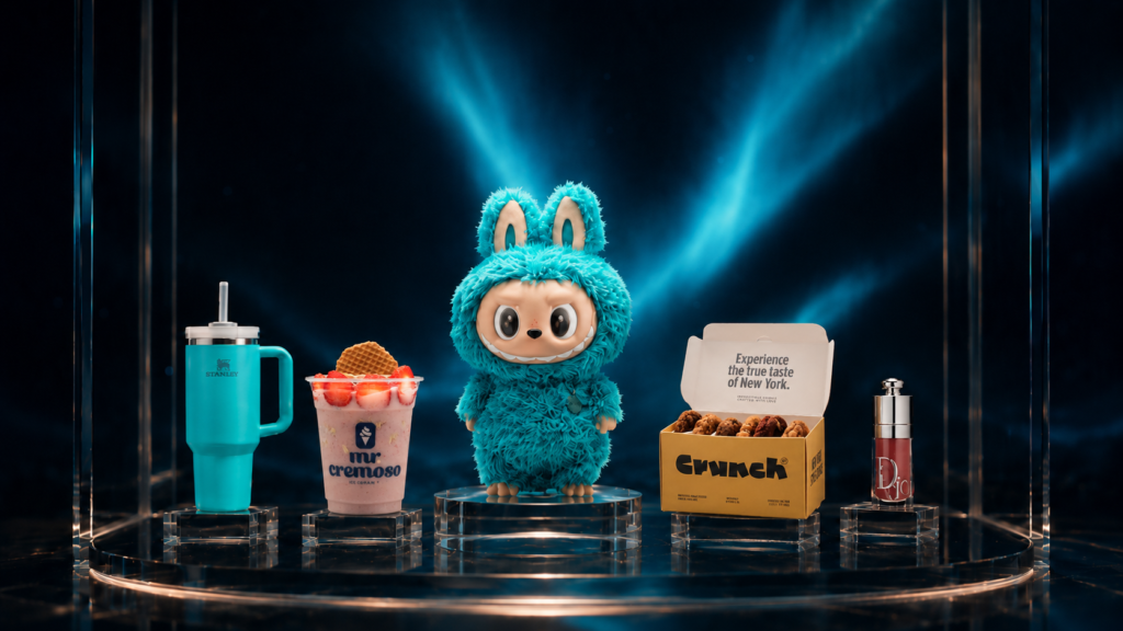 Composición editorial de pequeños lujos exhibidos como productos premium: un muñeco coleccionable turquesa, un vaso térmico, un smoothie con frutas, una caja de cookies y un labial, todos sobre pedestales transparentes con iluminación sofisticada y fondo oscuro con aurora turquesa.