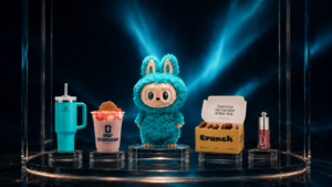 Composición editorial de pequeños lujos exhibidos como productos premium: un muñeco coleccionable turquesa, un vaso térmico, un smoothie con frutas, una caja de cookies y un labial, todos sobre pedestales transparentes con iluminación sofisticada y fondo oscuro con aurora turquesa.