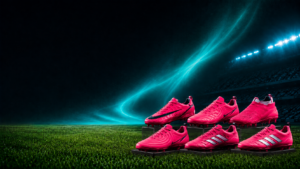 zapatos de fútbol de distintas marcas en color rosado, en un gramado verde, en un estadio de futbol con las luzes en colores de aurora boreal y los tonos de aurora boreal en verde y azules que se utiliza la marca maggiore